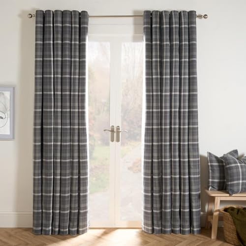 OHS 2 Panel Blackout Curtains Bedroom Charcoal Grey, Super Soft Luxury Tartan Winsford Woven Check Thermal Insulated Eyelet Curtains for Living Room Energy Saving Fully Lined Curtain, 66 x 90