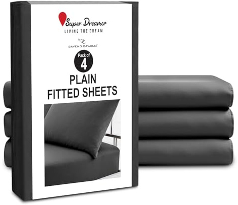 GC GAVENO CAVAILIA Microfiber Fitted Sheet Double - 4 Pack Plain Bed Sheets - Deep Pocket 10 inch (25cm) - Shrinkage, Fade & Wrinkle Resistant Bottom Sheet, Fit to Mattress (137x193 cm) - Black