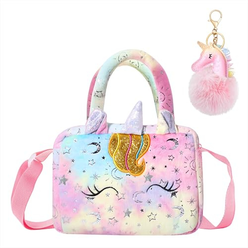 Sac à Bandoulière Fille, Mignonnes Sac à bandoulière en Peluche Tie-dye Sac à Main et Épaule avec Porte-clés Pom pour les Cadeaux de Faveurs de Filles et d'enfants Rose
