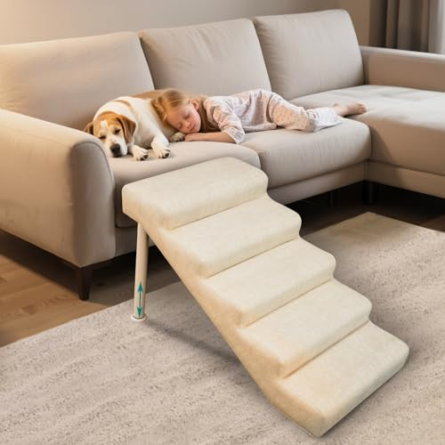 Hundetreppe rutschfeste Hunderampe Weiche Haustiertreppe Höhenverstellbar Mehrstufig wählbar Haustiertreppe für Hunde und Katzen (Beige, L, 5)