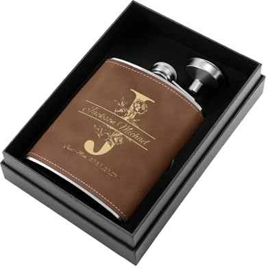 Personalised Hip Flask Gifts for Men 8oz Engraved Leather Hip Flask Set 304 Stainless Steel with Funnel, Custom Gift for Groomsman Best Man Father Wedding Birthday Christmas (Brown)