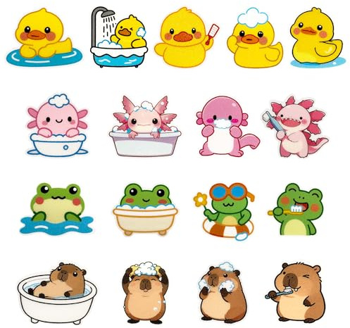 UNEEDE Bathtub Non Slip Stickers, 17-Pack Cute Axolotl, Duck, Capybara, Frog Decals, Shower Floor Non Slip Stickers, Textured Surface Anti Slip Shower Stickers, Safety Grip with Premium Scraper