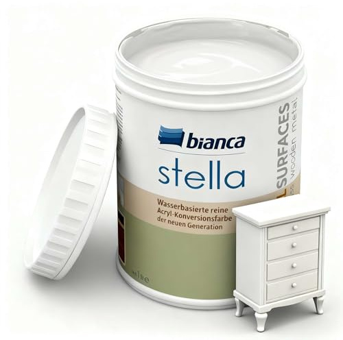Bianca Stella Möbelfarbe Ohne Schleifen - Wasserbasierter Parfümierter Möbellack für Holz, Küchenschrank, Tisch, Stuhl - Weiß, Glänzend, Holzfarbe Innen & Außen, Hochdeckend, Kratzfest, 1L