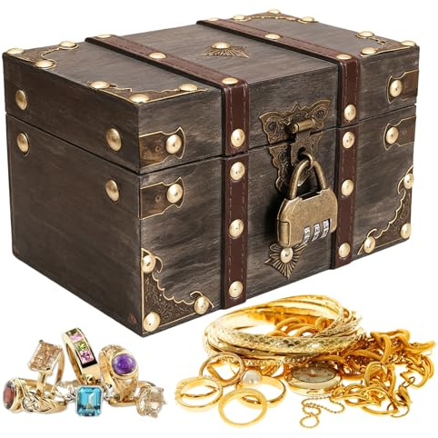 VEGOATY Vintage Schatzkiste mit Schloss: 18 x 11 x 10cm Retro Piraten Schatztruhe mit Schloss für Heimdekoration, Schatzkiste Holz für Aufbewahren und Dekorieren Geschenke (Grau)