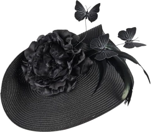 Fascinator Femme Noir en Tissu, Bandeau Élégant pour Mariage | Coiffe de Banquet, Chapeau de Mariée, Motif Fleurs Ailes Plumage, Anniversaire, Style Chapeau de Thé