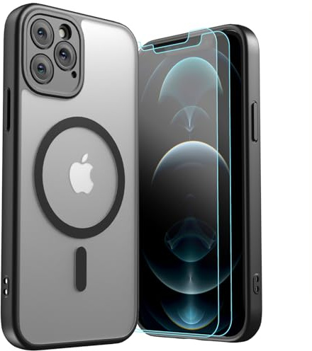 LUNOVATE for iPhone 12 Pro Case, Magnetic 14FT Shockproof Protective Cover, Anti-Slip Texture Translucent Matte Phone Case with 2 Screen Protector for iPhone 12 Pro - Black Matte