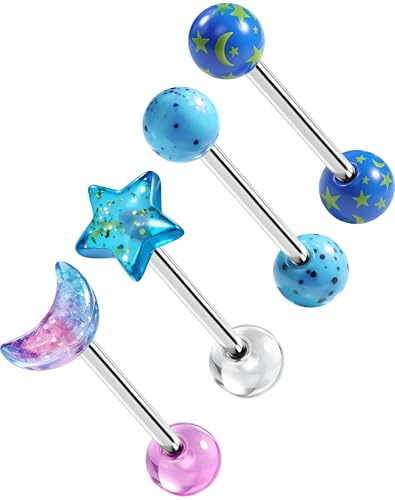 OUFER Body Piercing Tongue Bars Externally 316L Stainless Steel Tongue Ring Set 14G(1.6mm) 16mm 4Pcs Acrylic Star Moon Glitter Nipple Barbell Piercing Jewelry