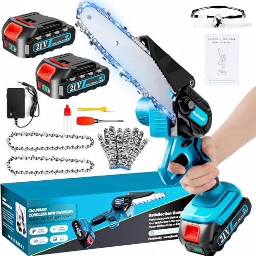Mini Motosega a Batteria per Potatura, 1000W Motore Brushless, 6 Pollici Motosega Elettrica con 2*2000mAh Batterie di grande capacità, 2 Catene e Blocco di sicurezza per il Taglio Del Legno e Giardini