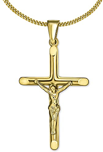 CLEVER SCHMUCK Goldene Kruzifixkette Jesuskreuz Anhänger 26 mm plastische Form halbrunde Balken an den Enden abgeflacht Kette Panzer 50 cm beides 333 Gold 8 Karat für Damen Herren im Schmucketui