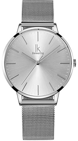 Alienwork Armbanduhr Damen Silber Metall Mesh Armband Edelstahl Ultra-flach dünn