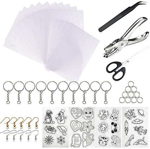 Woohome 42 Stück Schrumpffolie Set, 19 Stück Schrumpfende Plastikfolie Schrumpffolienplatten mit Locher, Schlüsselanhänger, Ohrbügel und Pinzette für Erwachsene Kinder Creative Craft School Project