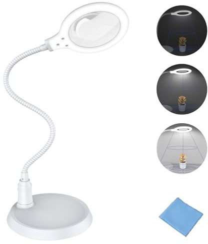 Delixike 5X Lupe mit Licht und Stände,5-fache Vergrößerungslampe,Lupe mit Licht handfrei, dimmbare Lampe mit LED, ideal zum Lesen, Hobby, Nähen, Basteln, weiß