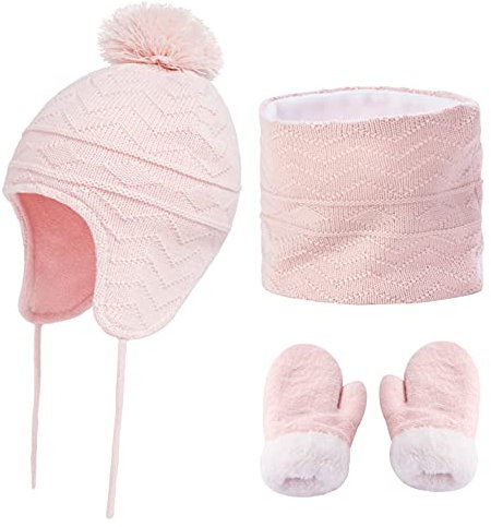 CheChury Bambino Cappello Inverno Sciarpa e Guanti 3 Pezzi Set Infantile Cappello a Maglia Berretto Fodera in Pile Polare con Pompon per Neonato Ragazze Ragazzi 1 a 6 anni,Rosa,L