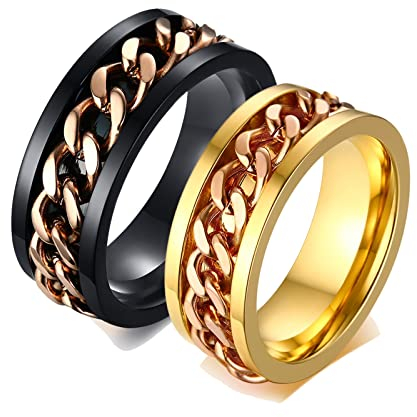 ANAZOZ 2 Stück Eheringe Paarpreis Edelstahl 8mm Bicolor Poliert Drehbar Kette Ringe für Sie und Ihn Ringe Damen Ring Set Schwarz Gold Fingerring Verkleinerer Frau:54 (17.2) & Mann:57 (18.1)