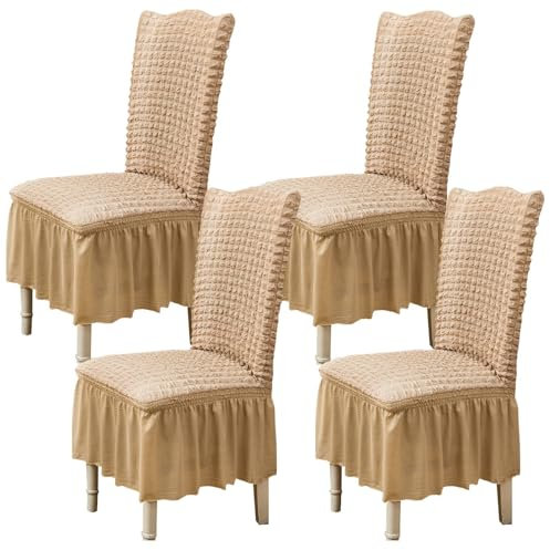 Qubjus Stuhlabdeckungen für Esszimmer Satz von 4 Stretch Stuhl Slipcover mit Rock abnehmbar waschbar Küche Stuhl Protector Cover Set für Haus, Party, Hochzeit(Beige, 4Stück)