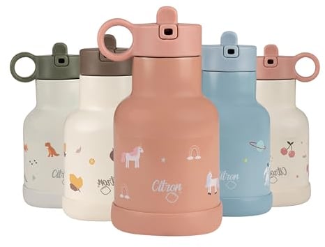 Citron - Bouteille d'eau pour enfants 250 ml - Bouteille isotherme avec paille, récipient isolé froid et chaud - Acier inoxydable - Bouteille bébé Licorne