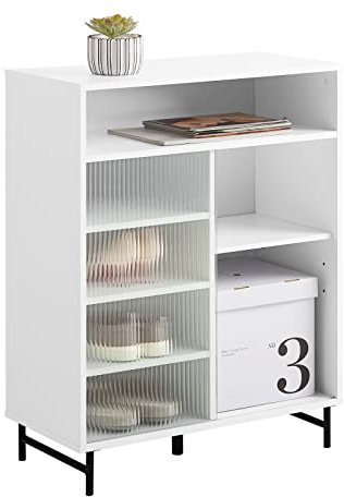 SoBuy Meuble d'entrée, Meuble de Rangement, Meuble à Chaussures, Buffet avec Porte Coulissante en Verre, Commode à Chaussures, Meuble Latéral - Blanc, 70 x 34 x 90 cm, FSB61-W