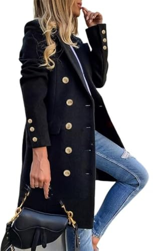 IDEALSANXUN Black Trench Coat Women Fall Winter Double Breasted Wool Jacket Long Black Coat, Black, XL