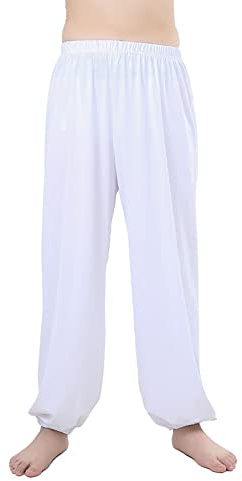 Libaobaoyo Kids Unisex Kung Fu Wide Pants Stretchy Elastic Waist Taichi Martial Arts Practice Trousers for Boys Girls White