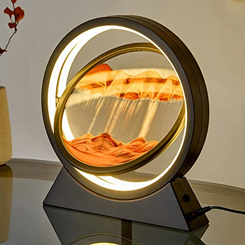ACAREY Sandbild Zum Drehen mit LED Nachtlicht 10 Bewegliches Sandkunstbild 3D Fließende Sandkunst Bewegende Sandkunst, Sandbilder Rund, 3D Fließende Sandmalerei Für Erwachsene Und Kinder (Gelb)
