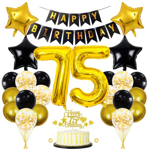Jxuzh 75. Geburtstag Dekorationen Schwarz Gold Deko 75 Geburtstag Männer 75 Jahre Kindergeburtstag Deko Luftballon 75. Geburtstag Luftballons Girlande 75 Jahre Geburtstagsdeko für frauen männer