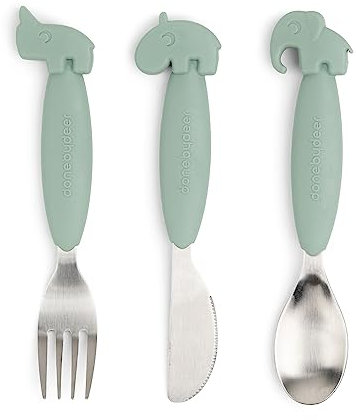 Done by Deer Easy grip Besteck Deer friends Grün - Besteckset mit Löffel, Gabel und Messer - Kinderbesteck mit weiche, rutschfeste Stiele aus Silikon - Praktisches und sicher Baby Zubehör
