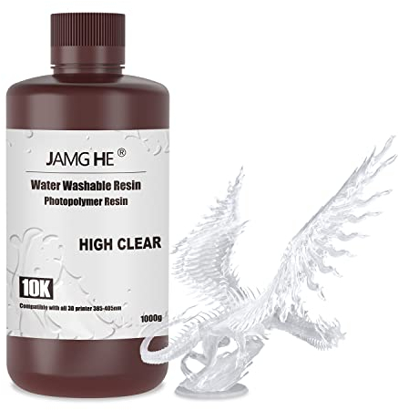 3D Printer Resin, JAMG HE 10K Water Washable Resin for LCD DLP SLA 405nm Printer UV-Curing Photopolymer Rapid High Precision Low Odor Standard Resin (High Clear)