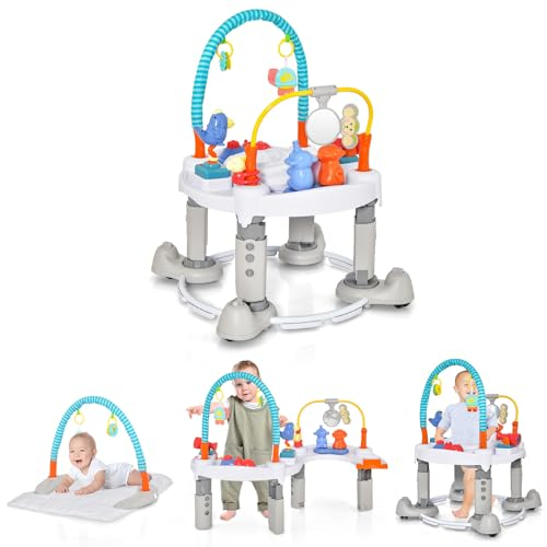 COSTWAY 4 en 1 Aire d'Éveil à Rebonds avec 3 Hauteurs Réglables & 3 Modes, Jumperoo Jungle Trotteur avec Musique & Jouets, Siège Rotatif 360°, Charge 11,5kg pour Bébé de 0-2 Ans