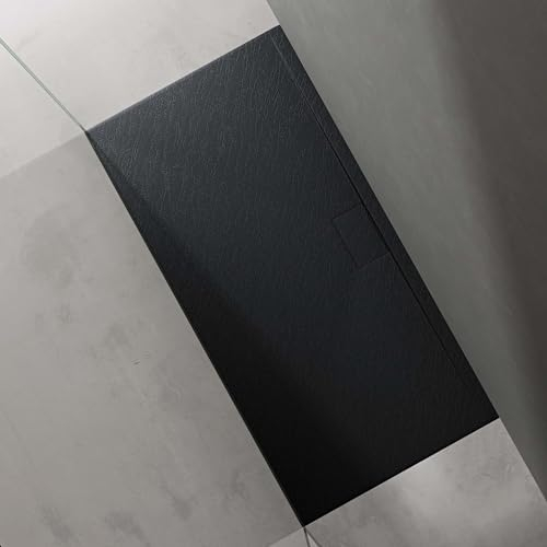 doporro Duschtasse Duschwanne 80x160x3 flach Mineralguss in Anthrazit DIN-Anschlüsse für bodengleiche Montage geeignet Geoma07