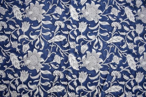 KRAAFTY Tessuto in cotone stampato a blocchi a mano, cucito, artigianato, sartoria, tintura naturale Sanganeri con stampa floreale indiana – cotone (blu-bianco, 2,3 m)