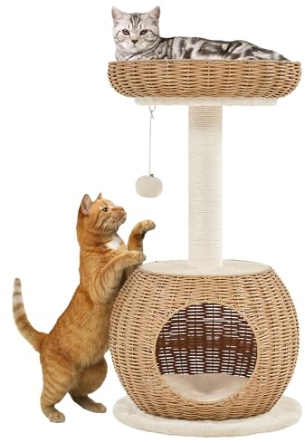 Yaheetech Árbol para Gatos de 2 Niveles Ratán Tejido a Mano con Cueva Cama Superior Postes Rascadores de Sisal 40x40x75cm Cojines Lavables y Bola de Juguete Beige