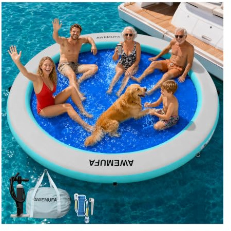 AWEMUFA Amaca d'acqua da 1,8 m/2,4 m/3 m 6/8 pollici di spessore anello galleggiante rotondo con rete galleggianti per adulti Heavy Duty Circle Floating Mat per piscina gonfiabile zattera d'acqua per