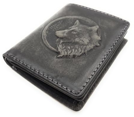 echt Leder Mini Geldbörse Portemonnaie 3D Adler oder Wolf mit RFID Schutz (grau Wolf)