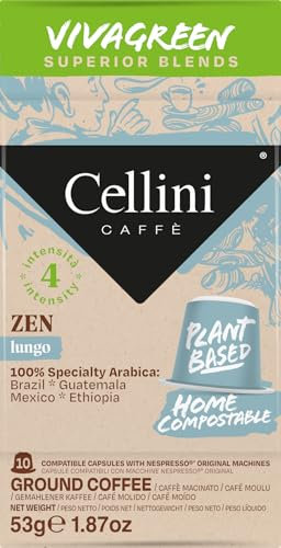 Caffè Cellini Nespresso* Compostable capsules - Mélange Zen 100pcs | Café Home Compostables - à base de plantes | Mélange 100% Arabica de spécialité Intensité 4