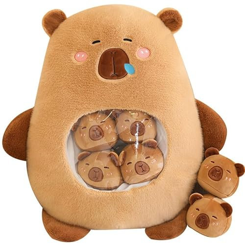 Capybara Plüschtier Kawaii Capybara Kuscheltier mit 6 niedlichen Babys Tasche von Plüsch Kissen Stofftiere für Mädchen Jungen Geschenke,Braun
