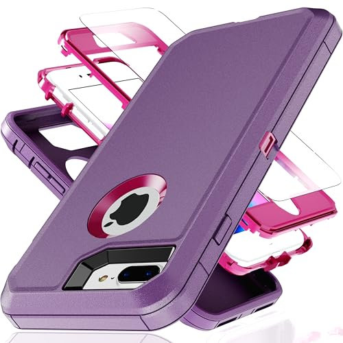 YmhxcY for iPhone 8 Plus Case iPhone 7 Plus Case 5.5-Inch with Explosion-Proof Screen Protector,3 in 1 Shockproof TPU Hard PC Bumper Drop-Proof Shell for iPhone 7+/8+-Purple