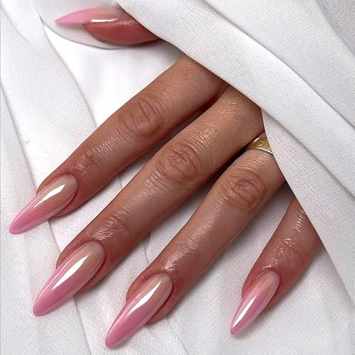 24pcs Lang Mandel Press on Nails Pink Aurora Gradient Künstliche Nägel Zum Aufkleben French Reine Farbe Vollabdeckung Falsche Nägel, Kunstnägel Natürliche für Nail Art (Rosa Farbverlauf, 24x)
