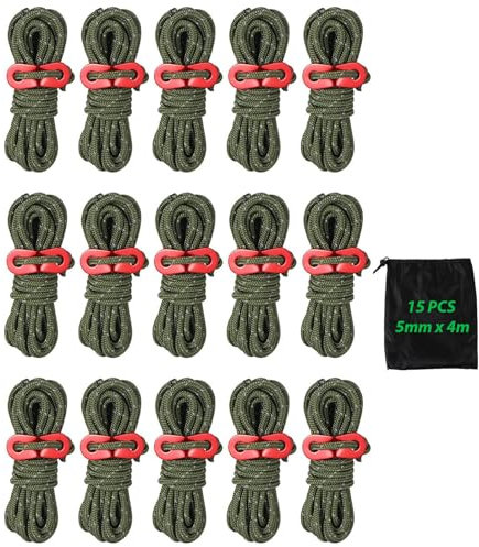 MUXHEL 15PCS Guy Ropes, 4m Reflective Tent Guy Ropes Guide Ropes with Aluminum Tensioners, 5mm Thick Tent Guide Ropes Guy Lines for Outdoor Camping Hiking Awning Tents-Green
