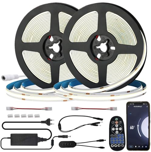 FOLGEMIR WIFI 10m (2x 5m) COB LED Streifen Neutralweiß 4000K, Dimmbar 8mm LED Strip mit 24V Netzteil & IR Fernbedienung, Timer, Musik, selbstklebend, IP20, kompatibel mit APP Tuya
