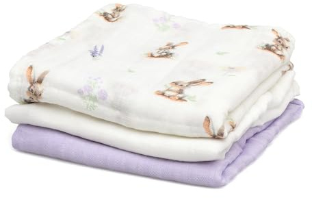 Kiokids | Set 3 Muselinas Conejitos, Lavanda y Blanco | Colección Petit Moments | 70% Bambú y 30% Algodón | Ultra Suaves | Antibacterianas y Termo Climáticas | Protector Rayos UV | +0 Meses | 70x70cm
