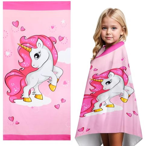 BITOYO Einhorn Strandtuch für Kinder, 70x150cm Sandfrei Handtücher Für Mädchen, Weich und Saugfähig Einhorn Handtuch Kinder Schnell Trocknend Badetuc, Camping Reisen Schwimmen Badetuch (Muster 1)