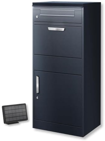 Metzler Briefkasten und Paketbox mit LED Beleuchtung rostfrei & massiv, paketbox draussen groß XXL, Standbriefkasten beleuchtet solar, Postkasten, Paketkasten in RAL7016 Anthrazitgrau, Bispo