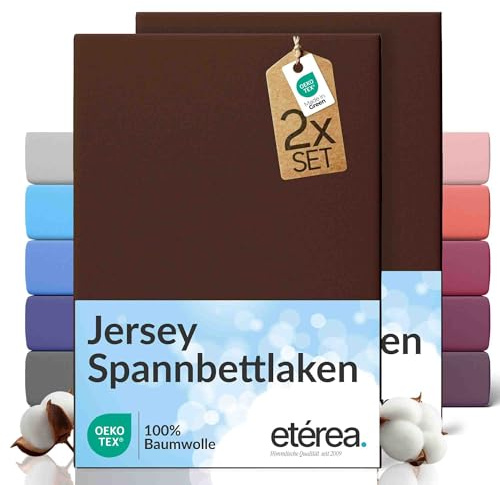 etérea Jersey 2er Set Spannbettlaken 180x200cm - 200x200cm Dunkelbraun bis 25 cm Höhe - 100% Baumwolle Spannbetttuch Oekotex - Doppelpack Bettlaken 180x200 cm - 200x200 cm - Braun