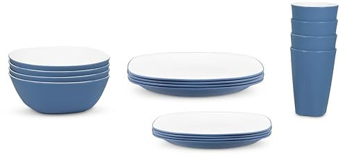 Blue Pool Dinnerware Set, Unbreakable Lightweight, Dinner Plates, Side Plates, Bowls, Tumblers, Ideal for Indoor/Outdoor Dining, Microwave/Dishwasher Safe (16, Full Set)