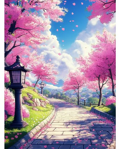 HEIBAGO Diamond Painting pour Adultes, 5D Diamond Painting Complet Diamant Kit Cerisiers en Fleurs, DIY Diamant Broderie Strass Point de Croix Paysage Cristal Painting pour Murale Décoration 30x40cm