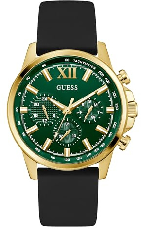 Guess Herrenuhr 44 mm - Schwarzes Silikonarmband, grünes Zifferblatt, schwarzes Gehäuse