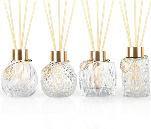 JEORGU 4-Piece Reed Diffuser Set with Metal Golden Decoration, 3.5-4.2oz Empty Bottles and 20 Reed Sticks, Unique Design for Home and Office (4 Pcs Different Bottles)