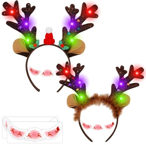 LUKIUP 2 Stück Rentier Haarreif mit LED, Enthält 2 Gesichtsaufkleber, Kinder und Erwachsene Weihnachten Haarband für Weihnachten Weihnachtsfeiern Party Haarschmuck Weihnachts Haarschmuck