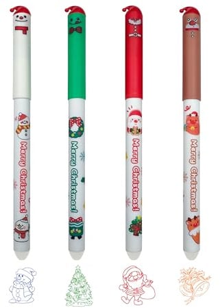 FloraVigo 4er-Pack Gel-Radierstifte, Weihnachtsmuster, Kugelspitze zum Entfernen von Tinte –Rot, Blau, Grün, Orange, 0,5 mm Spitzendurchmesser (Weihnachten)