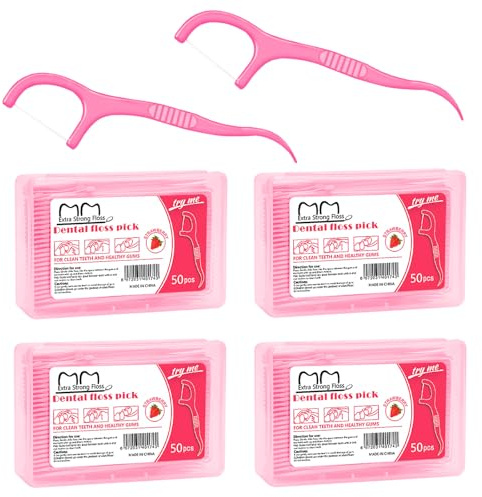 Zahnseide Stick 200 Stück Erdbeergeschmack Einwegzahnseide Zahnreinigung Sticks für zahnsteinentferner & Plaque und zahnreiniger zwischenräume 50x4er